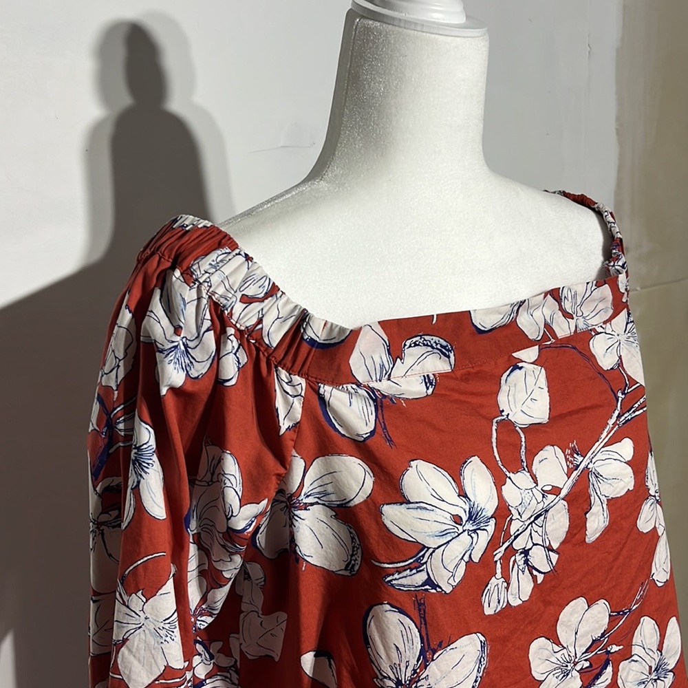 LOFT Outlet Burnt Orange Floral 3/4 Length Tie Sleeves Off-The Shoulder Blouse M - Picture 6 of 11